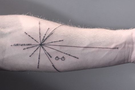 Golden Iron Tattoo Studio | Other Styles/Small Tattoos Pulsar Map Tattoo, Voyager Tattoo, Pulsar Map, Solar System Tattoos, I Need A Tattoo, Scientific Tattoo, Hole Tattoo, Black Hole Tattoo, Space Tattoo Ideas