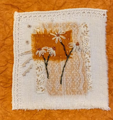 Textile Art, Textile Wall Hanging, Original Hand Stitched Gift, Abstract Embroidered Collage, Unique Slow Stitch, Wildlife Nature Picture - Etsy Fabric Art Journal, Fabric Art On Canvas, Boho Upcycle, Stitch Meditation, Rust Dyeing, Stitch Techniques, Embroidery Square, Stitched Flowers, Appliqué Ideas