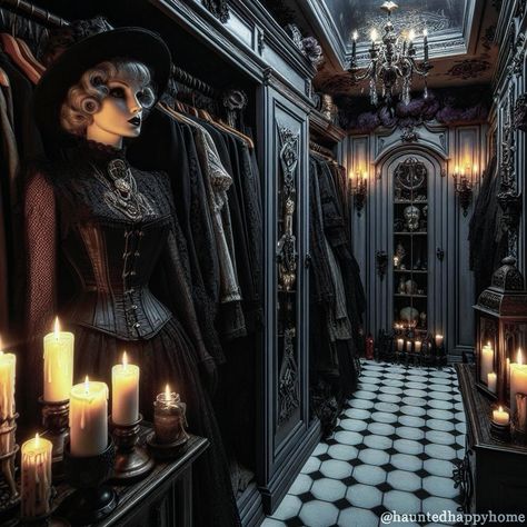 Gothic House Living Room, Goth Dressing Room, Goth Walk In Closet, Goth Closet, Gothic Items, Gothic Closet, Gothic Victorian House, Gothic Living Room, Dark Interior Design