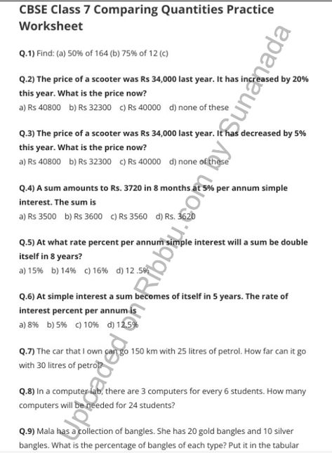 Comparing Quantities Worksheet for Class 7 Maths – Chapter 8 Simple Interest Math, Math 8, Simple Interest, Maths Worksheets, Learning Mathematics, Revision Notes, Math Questions, Class 8, Sample Paper