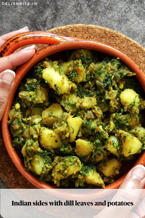 This ‘Shepu-Batata Bhaji‘ is a traditional Indian side dish prepared with fresh dill leaves and potatoes. Dill leaves has strong aroma and pungent taste which could overpower if used in excess. To balance the bright flavours of dill, potatoes are used in this recipe. Additionally, I love to add coarse peanut power in my recipe that gives texture and bite to this dish. It is a simple and pretty looking side dish that can be enjoyed with your main meal. Potato Bhaji Recipe, Dill Potato, Fancy Recipes, Dill Potatoes, Dry Curry, Green Potatoes, Dill Recipes, Indian Side Dishes, Bhaji Recipe