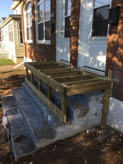 Wood Stairs Over Concrete Steps, Deck Over Concrete Steps, Front Yard Deck, Wheel Chair Ramp, Concrete Front Steps, Carport Makeover, Deck Over Concrete, Diy Decks, Front Porch Design Ideas