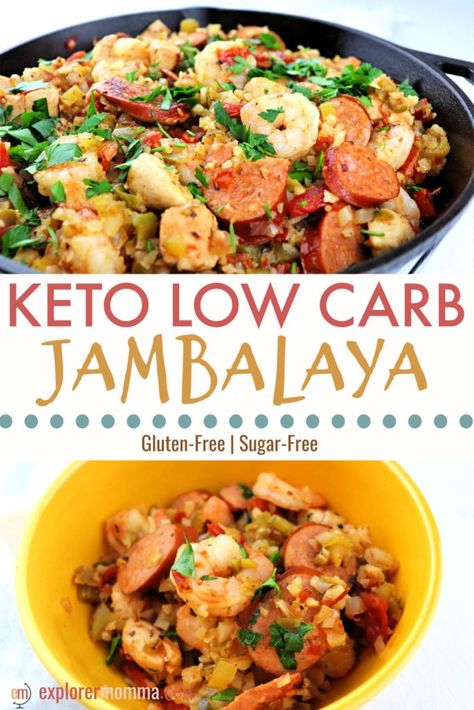 Keto jambalaya will add some spice to your low carb family dinner! Gluten-free with cauliflower rice, andouille sausage, shrimp, and chicken. The perfect one-pot meal. #ketodinners #ketorecipes Keto Jambalaya, Shrimp And Chicken, Sausage Shrimp, Jambalaya Recipe, Low Carb Pasta, Spicy Dishes, Andouille Sausage, Andouille, Family Dinner Recipes