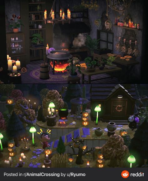 Acnh Spooky House Ideas, Animal Crossing Potion Shop, Acnh Dark Theme Ideas, Animal Crossing Witch Kitchen, Acnh Halloween House Ideas, Acnh Witchy House Exterior, Witchy Acnh Design, Animal Crossing Dungeon, Witch House Animal Crossing