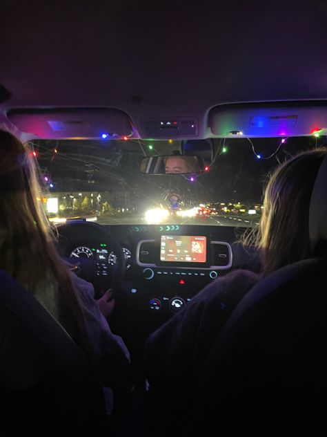 #car #friends #night #drive #christmas #lights Christmas Car Interior, Fairy Lights In Car, Car Fairy Lights, Lights In Car, Friends In Car, Creepy Cabin, Car Friends, String Lights Inside, Gang Activity