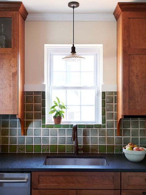 Five Tips for Designing a Philadelphia Craftsman Kitchen Kitchen With Blue Backsplash, Modern Craftsman Kitchen, Medieval Rabbit, Mission Tile West, Craftsman Kitchens, Craftsman Style Kitchen, Relief Tile, Arts And Crafts Kitchen, Craftsman Tile