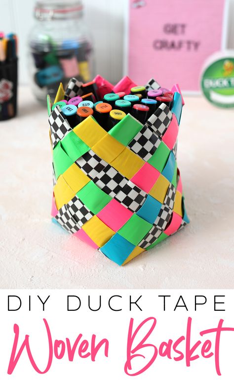 Learn how to weave a cute and sturdy basket out of Duck Tape. Use it to hold craft supplies or as a plant cozy or an Easter basket. So many possibilities! #ducktapecrafts #ducktape #crafts #craftideas Things To Make With Duct Tape Diy, Easy Duct Tape Crafts, Duck Tape Art, Diy Duck Tape Crafts, Seniors Crafts, Weave A Basket, Plant Cozy, Duct Tape Diy, Duck Tape Projects