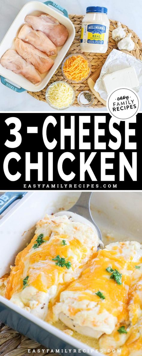 BEST Easy Family Dinner recipe! This 3 Cheese Baked Chicken is my kids new favorite dinner. Super easy to make with only minutes of prep, it is perfect for busy weeknights. The flavor is amazing with tender chicken breast and three different cheeses making it extra creamy and flavorful. That is why this is our go-to easy chicken dinner idea! Chicken Breast Oven Recipes, Chicken And Cheese Recipes, Cheesy Baked Chicken, Different Cheeses, Family Dinner Recipe, Easy Chicken Dinner, Easy Family Dinner, Cheese Baked, Favorite Dinner