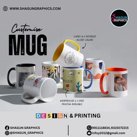 Elevate your coffee experience with our custom mug printing services at Shagun Graphics! ☕️ Whether you prefer a classic white mug, a sleek black mug, or the magic of color-changing magic mugs, we've got you covered. Add a personal touch to your morning routine or create the perfect gift for a loved one. Contact us to create your custom mugs today! Location: 11A, Veer Savar Block, Opp. Pillar No. 60, Near Nirman Vihar Metro Station, Vikas Marg, Shakarpur, Delhi - 110092 Website: www.shagungr... Mug Printing Design, Mug Printing Ideas, Highlife Music, Creative Mug, Mug Print, Digital Printing Services, Construction Logo Design, Publicidad Creativa, Graphic Design Ads