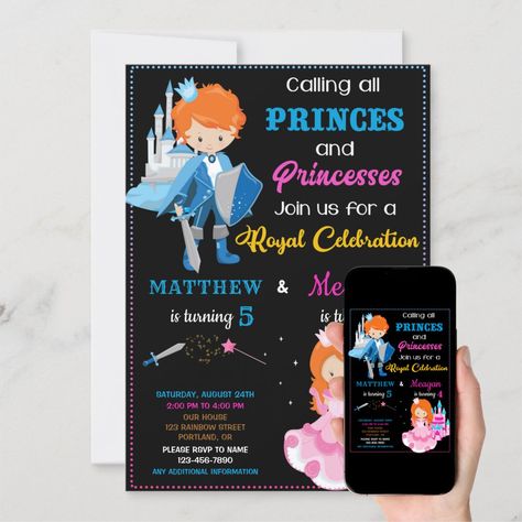 Calling all princes and princesses! This two theme Prince and Princess birthday invitation for two kids is for shared joint royal birthday party! It features cute little prince in blue dress with sword and beautiful little pink dressed princess with castle. This invitation will work perfectly for any age! Easily customize texts on this invitation template to make it special. Prince Birthday Invitations, Royal Birthday Party, Princess And Prince, Royal Invitation, Prince Birthday, Princess Birthday Invitations, Twin Birthday, Kids Party Supplies, Princess Birthday Party