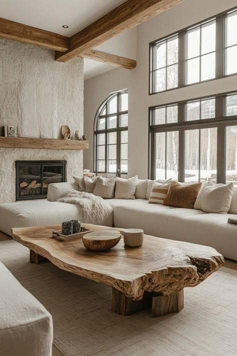 Rustic Contemporary Interior Design, Rustic Modern Country Homes, Natural Stone And Wood Interior, Wooden House Interior Rustic, Neutral Comfy Living Room, Live Wood Furniture, Lodge Inspired Living Room, Spanish Organic Modern Living Room, Rustic Country Interior