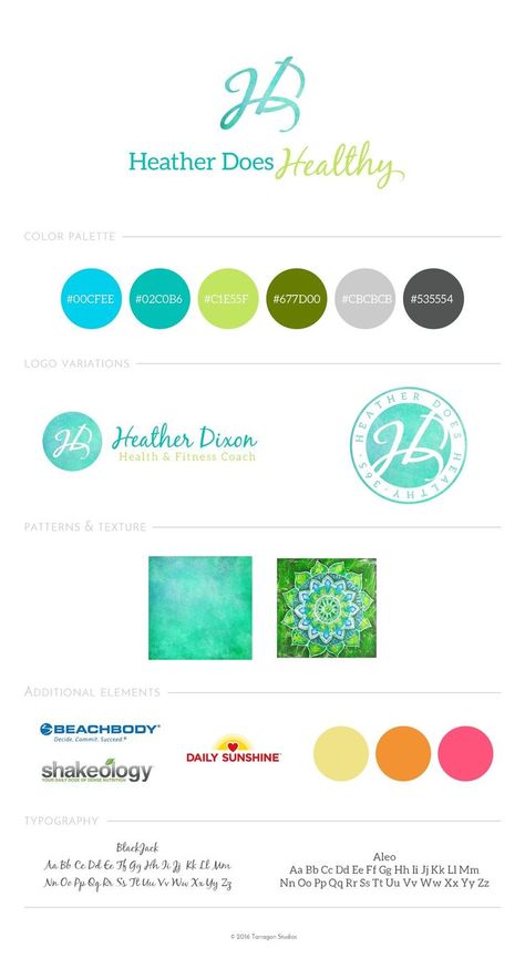 Heather Does Healthy Style Guide by Tarragon Studios Logo Colour Combinations Brand Identity, Health Coach Brand Color Palette, Health Branding Design, Fitness Color Palette, Dietician Logo, Health Color Palette, Fitness Coach Logo, Healthy Color Palette, Fitness Branding Design