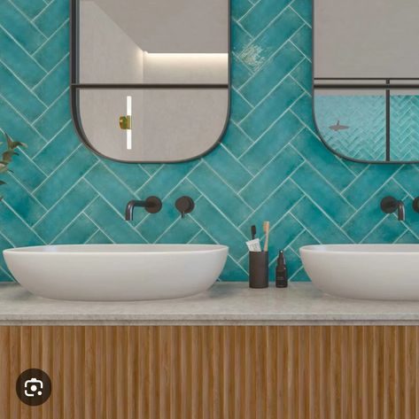 Aqua Tile Bathroom, Turquoise Bathroom Tiles, Herringbone Bathroom, Gorgeous Bathroom Tile, Herringbone Tile Bathroom, Herringbone Tile Pattern, Aqua Tiles, Brick Wall Tiles, Kitchen Splashback Tiles