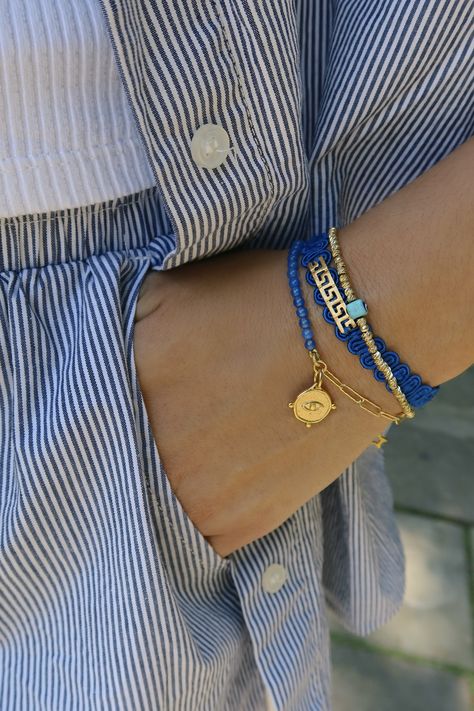 Handmade in Athens, Greece 🧿 Greek evil eye bracelet that is 18k gold-plated silver 925 with genuine blue agate stones, made in Greece. Sold by Aegean Essence on Instagram: https://www.instagram.com/aegeanessence/ Greek jewelry, arm stack, bracelets, bracelet stack, arm party, nazar, evil eye jewelry, eye charm, gemstone bracelet, Mediterranean, Greek fashion, Greek brands, authentic jewelry, evil eye protection, evil eye jewelry, gold plated jewelry, shop small, women-owned business Arm Stack, Blue Agate Stone, Stack Bracelets, Key Bracelet, Greek Gifts, Greek Evil Eye, The Evil Eye, Big Board, Freshwater Pearl Jewelry