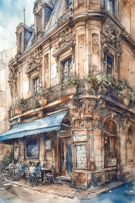 Watercolour Buildings, Urban Drawings, Watercolor Buildings, Cafe In Paris, Place Aesthetic, Aesthetic Architecture, Journaling Kit, Building Painting, Watercolor Architecture