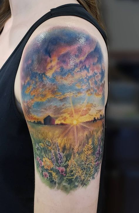 Sky Tattoos For Women, Farm Tattoo Ideas, Sunlight Tattoo, Farm Tattoos, Landscape Tattoos, Farm Tattoo, Cloud Tattoos, Cloud Tattoo Sleeve, Cloud Tattoo Design