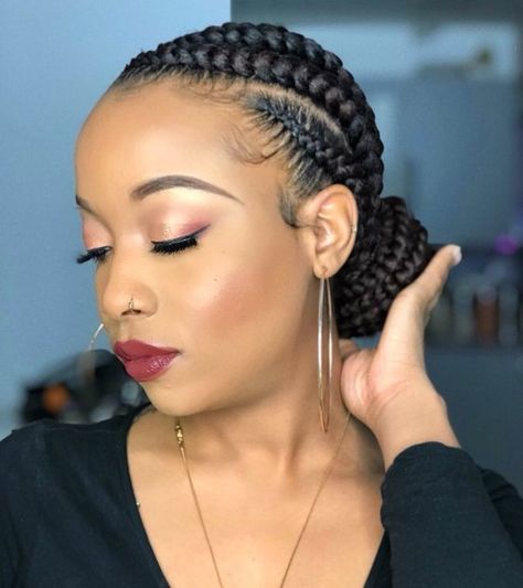 Cornrows With Low Bun, Cornrow Low Bun Black Women, Cornrow Ideas Short Hair, Braided Cornrow Bun Hairstyles, Cornrows In A Bun Updo, Cornrows With A Bun, Small Braided Bun For Black Women, Ghana Cornrow Hairstyles, Corn Roll Styles For Natural Hair