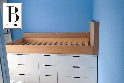 Childrens Cabin Beds, Small Space Storage Bedroom, Bedroom Storage For Small Rooms, Ikea Hack Bedroom, Ikea Bed Hack, Storage Hacks Bedroom, Ikea Nordli, Diy Bedroom Storage, Storage Bench Bedroom