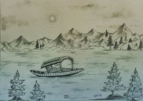 Shikara Boat Kashmir Drawing, Kashmir Drawing, Kashmir Painting, Micron Art, Boat Sketch, Kashmir Tour, Kashmir Valley, Doodle Videos, Kashmir India