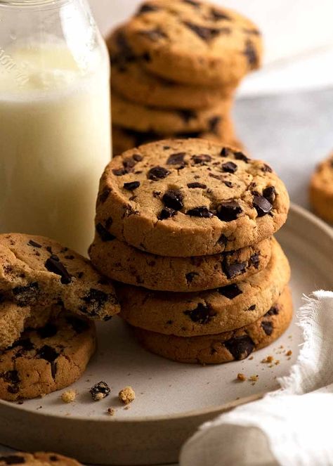 Stack of Byron Bay Chocolate Chip Cookies Byron Bay Cookies, Chocolate Chip Cookies Crunchy, Famous Chocolate Chip Cookies, Crunchy Chocolate Chip Cookies, Chocolate Chip Cookies Ingredients, Famous Chocolate, Recipe Tin, Recipetin Eats, Easy Chocolate Chip Cookies