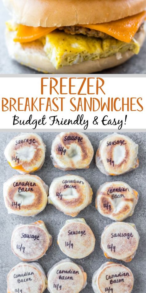 These make ahead freezer breakfast sandwiches are easy, delicious and budget friendly. They're made with baked eggs, your choice of Canadian bacon, sausage patties or bacon, and bagels or english muffins. Having a stash of quick breakfast options that you can grab and go makes early mornings so much easier. They're also a great gift for a new mom or someone recovering from surgery! You can take them to work, to go camping, while traveling, and more! #freezerrecipes #freezerbreakfast #... Make Ahead Freezer Breakfast, Premade Breakfast, Freezable Breakfast, Sausage Breakfast Sandwich, Freezer Breakfast Meals, Breakfast Sandwiches Frozen, Healthy Breakfast Sandwich, Bagel Breakfast Sandwich, Sausage Patties