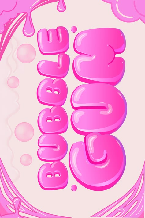 Pink fonts with bubble gum aesthetic. Bubble fonts with the letters "Bubble Gum" written. Chewy stretchy gum effect. Bubble Gum Pop Aesthetic, Bubble Gum Pink Aesthetic, Bubble Gum Illustration, Bubble Letter Fonts Alphabet Style, Bubble Gum Aesthetic, Gum Aesthetic, Bubblegum Wallpaper, Bubblegum Aesthetic, Bubble Gum Bubble