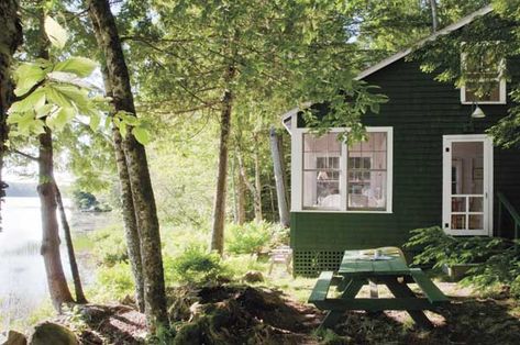 Rustic Lakefront Home in Maine | A 400-Square-Foot Getaway Rustic Cabin Exterior, Belfast Maine, Green Cabin, Maine Cottage, Green Cottage, Lakeside Cabin, Cabin Exterior, Cottage Exterior, Lake Houses