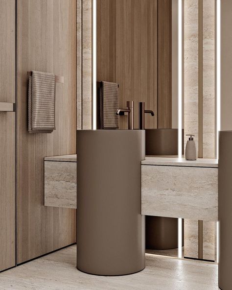 With a harmonious color scheme of sandy beige, pale cream, and coffee hues, the wash area exudes a soothing ambiance. Beige Sink Bathroom Ideas, Wash Area Design, Cream Toilet And Sink, Beige Toilet, Bathroom Sand Color Tiles, Bathroom Beige, Beige Basin Bathroom, Japandi Wash Basin, Modern Beige Bathroom