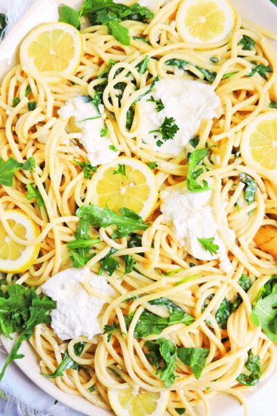 Garofalo Pasta, Pasta With Arugula, Bucatini Recipes, Burrata Recipe, Arugula Pasta, Lemon Spaghetti, Bucatini Pasta, White Platter, Lemon Pasta