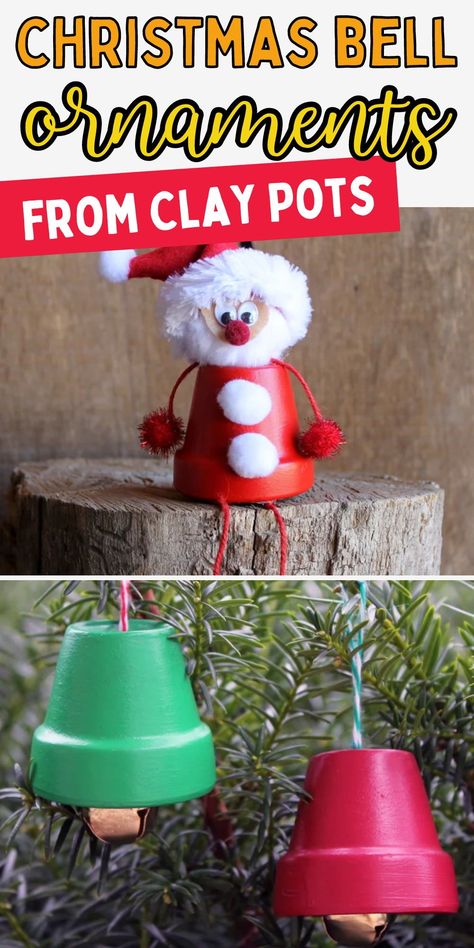 Clay pot crafts. Easy holiday crafts. Fun Christmas crafts for kids. Christmas Bell Ornaments Diy, Mini Clay Pot Christmas Ornaments, Small Clay Pot Crafts Christmas Gifts, Mini Terra Cotta Pot Crafts Christmas, Mini Clay Pot Crafts Christmas, Christmas Clay Pot Crafts, Christmas Clay Pots Ideas, Bell Ornaments Christmas Diy, Terracotta Pots Crafts