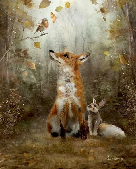 Fox And Rabbit, Woodland Art, Rabbit Art, Fairytale Art, Fox Art, Naive Art, Arte Fantasy, Art And Illustration, Jolie Photo