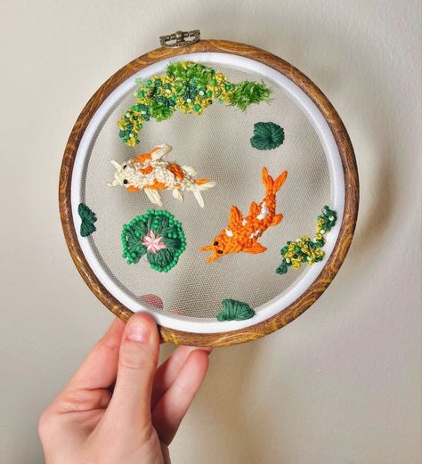 Embroidered Koi Fish, Lily Pad Embroidery, Lilypad Embroidery, Koi Fish Embroidery, Embroidered Things, Pond Landscape, Fish Embroidery, Koi Fish Drawing, Koi Fish Designs