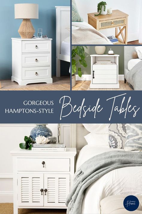 Compilation of Hamptons-style bedside tables available in Australia. Hamptons Bedroom, Style Bedside Table, Hamptons Homes, Hampton Style, Hamptons Style, Bedside Tables, Bedside Table, The Hamptons, Cool Style