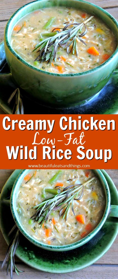 Low-fat and low-calorie Creamy chicken and wild rice soup! Very fullfilling, healthy, & easy to make!!   low fat soup | low calorie soup | healthy soup recipes | weight loss recipes | detox soup recipes | clean eating | fitness | healthy meals | chicken soup recipes healthy Creamy Chicken And Wild Rice, Low Fat Soups, Chicken And Wild Rice Soup, Wild Rice Soup Recipes, Creamy Mushroom Chicken, Chicken Wild Rice Soup, Low Calorie Soup, Rice Soup Recipes, Chicken And Wild Rice