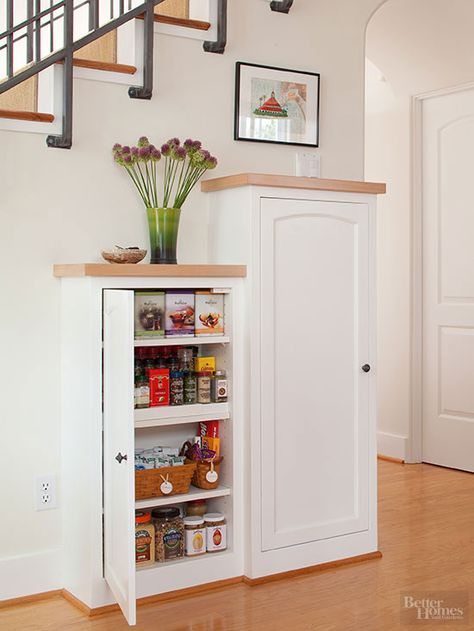 Clever Ways to Add Storage Around Staircases Stair Finishes, Small Pantry Organization Ideas, Basement Entry, Track Shelving, Shallow Cabinets, Tiny Kitchens, Attic Wardrobe, Pantry Organization Ideas, Small Pantry Organization