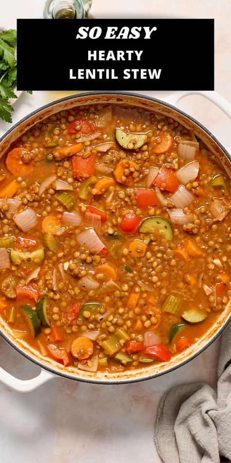 This full of flavour Lentil and Vegetable Stew is hearty and nutritious and a recipe that you will frequently turn to. With protein-rich dried brown lentils, traditional Italian herbs, and a generous quantity of mixed vegetables, it is a deeply satisfying meal made in one pot. With the warm and sunny flavours of the Mediterranean, this is a complete meal that needs nothing more than some crusty bread to accompany it. Trader Joes Cooked Lentil Recipes, Lentil Tomato Recipes, Italian Vegetable Stew, Lentil And Rice Recipes, Brown Lentil Recipes, Vegetarian Stew Recipes, Italian Lentils, Clean Soups, Mediterranean Beef Stew