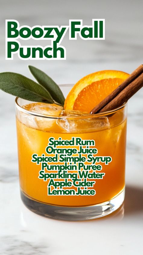 Boozy Fall Punch Fall Punch Recipes, Fall Punch, Rum And Orange Juice, Pumpkin Punch, Spiced Rum Cocktails, Homemade Cafe, Apple Cider Drink, Iced Drinks Recipes, Yummy Alcoholic Drinks