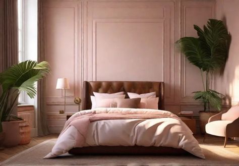 A serene bedroom with soft pink walls and a warm brown wood floor Pink Brown Room Aesthetic, Brown And Pink Bedding, Pink Bedroom With Brown Furniture, Bedroom With Pink Bed, Pink And Tan Bedroom, Pink And Brown Room Ideas, Pink And Brown Bedroom Ideas, Pink Brown Bedroom, Pink And Brown Bedroom