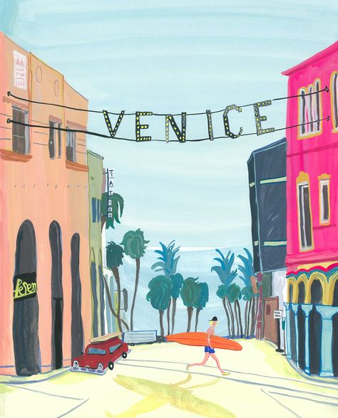 Los Angeles Painting Ideas, California Illustration Graphics, Football Mural, Venice Beach Art, California Illustration, Los Angeles Landscape, Venice Beach House, Venice Los Angeles, Places Illustration