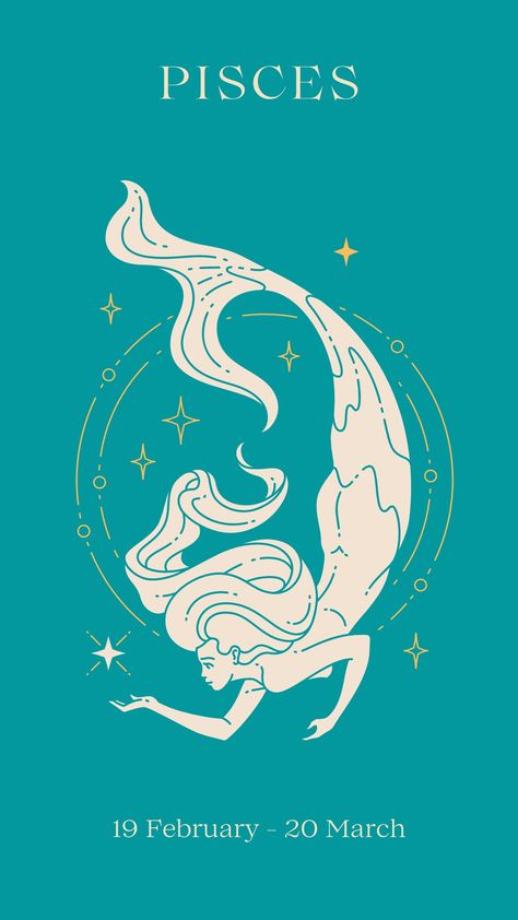 Pisces zodiac sign symbol on a teal blue background Mermaid Branding Design, Pisces Artwork, Pisces Images, Pisces Drawing, Mermaid Pisces, Pisces Characteristics, Pisces Constellation Art, About Pisces, Pisces Art