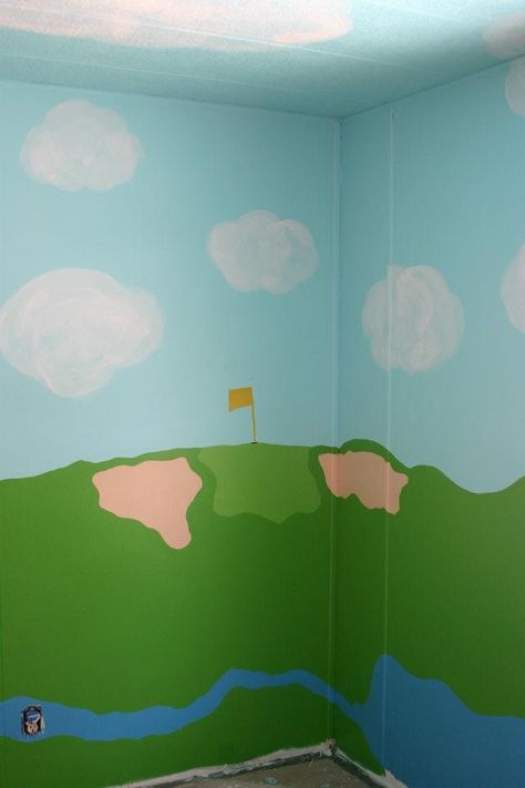 Wall mural I did did golf course Golf Mural Wall, Golf Mural, Green Inspo, Kid Rooms, Mural Wall, Mini Golf, Big Boy Room, Room Decorating, Big Boy