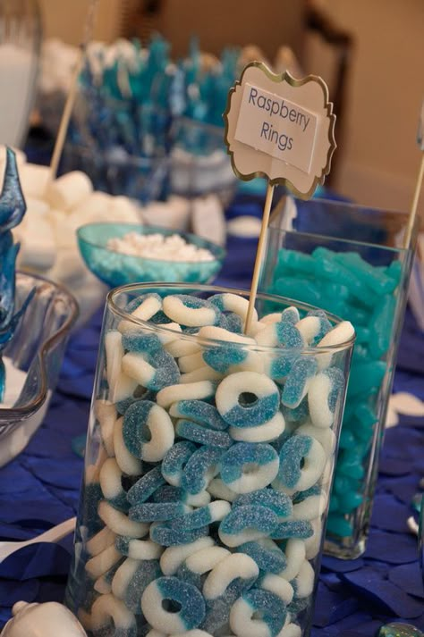 Candy Bar Under the Sea Little Mermaid by The Pink Peach Royal Blue And Silver Candy Table, Blue Candy Kabobs, Light Blue Wedding Dessert Table, Under The Sea Sweet 16 Decorations, Under The Sea Candy Bar, Baby Shower Sweet Table Boy, Blue Dessert Ideas, Blue Decorations Party Birthday Ideas, Blue Food Ideas Party