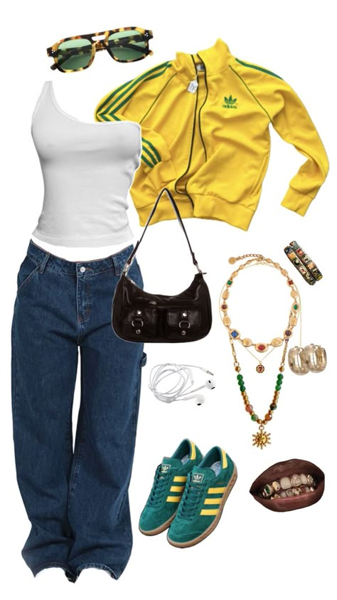 Yellow Streetwear, Wide Leg Denim Pants, Low Rise Baggy Jeans, Yellow Adidas, Mode Zara, Outfit Inspo Casual, Adidas Outfit, Swaggy Outfits, Simple Trendy Outfits