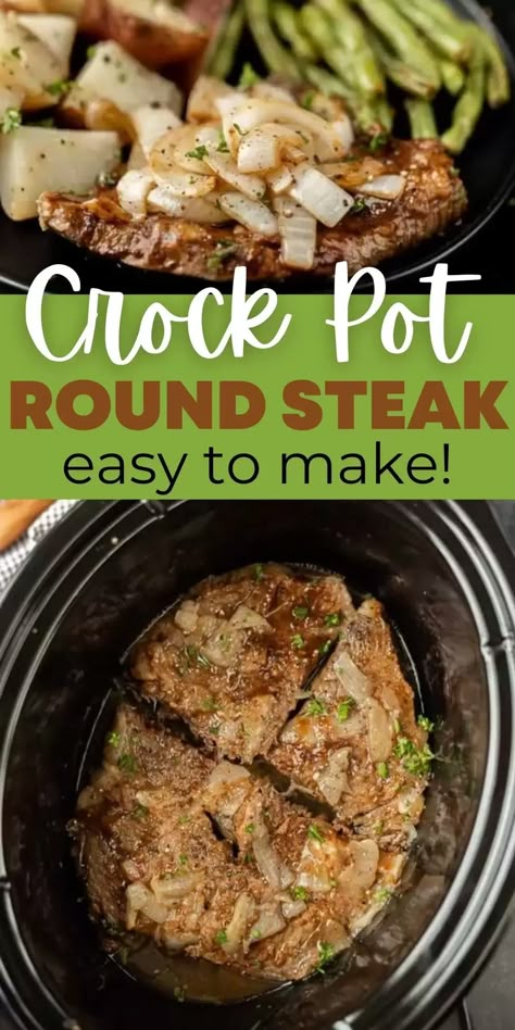 Cheap Steak Recipes, Crockpot Round Steak Recipes, Beef Round Steak Recipes, Top Round Steak Recipes, Tenderized Round Steak, Crockpot Steak Recipes, Sirloin Steak Recipes, Round Steak Recipes, Steak And Potatoes