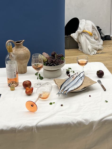 Mediterranean Coastal Dinner Still Life BTS  - Spilled Wine - Fish - Ceramic Vase - Greece - Coastal Aesthetic - Graphes - Mediterranean Dinner Table - Romantic Tablescape - Seafood - Ocean - Orange Wine - Plum - Photo Setup - Behind the Scenes - Still Life Photography Food Mediterranean Dinner Aesthetic, Still Life Table Setting, Mediterranean Dinner Table, Seafood Still Life, Mediterranean Tablescape, Seafood Aesthetic, Studio Layouts, Wine Drawing, California Photoshoot