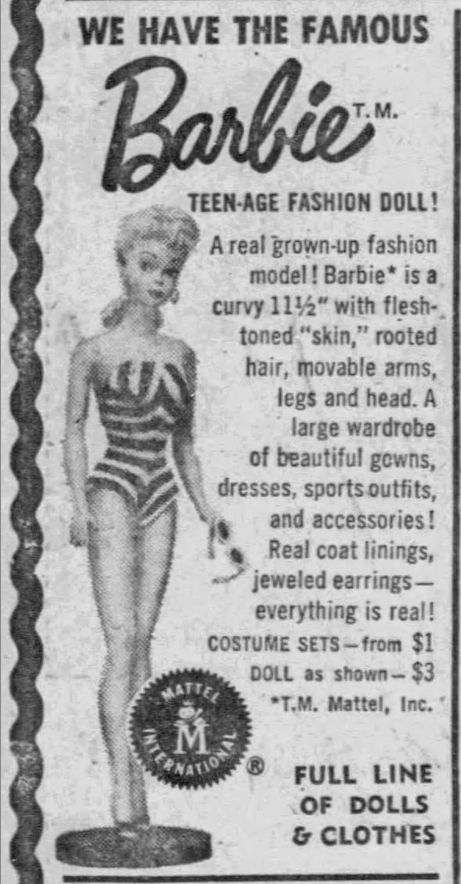 Barbie Over The Years, Vintage Barbie Ads, Vintage Barbie Illustration, Barbie Timeline, Barbie Advertisement, Barbie Through The Years, Newspaper Background, Newspaper Ads, Birmingham News