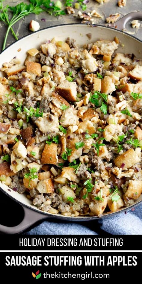 This scrumptious dressing can be stuffed in turkey or baked as a dressing for Thanksgiving or Christmas. Savory sausage, apples, onions, celery, French bread, and walnuts add a twist on a classic holiday side! #sausagestuffing #bakedstuffing #holidaydressing #Thanksgivingdinner #Christmasdinner #holidaydinner Sausage Apple Stuffing, Apple Sausage Stuffing, Stuffing With Apples, Easy Thanksgiving Side Dishes, Holiday Stuffing, Classic Stuffing, Apple Stuffing, Thanksgiving Hacks, Sausage Stuffing Recipe