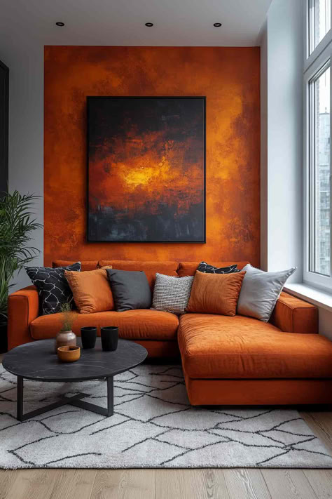 40 Living Room Accent Wall Ideas To Give Your Room Style Accent Colour Living Room, Orange Lounge Decor, Burnt Orange Feature Wall Living Rooms, Orange Sofa Decor Ideas Living Room, Orange Sofas Living Room Ideas, Rust Orange Accent Wall, Orange Feature Wall Living Room, Burnt Orange Accent Wall Living Room, Burnt Orange Sofa Living Room Ideas