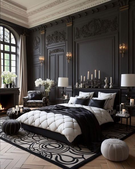 Elegance & Style: The Character of a French-Style Countryside Dream Home Baroque Bedroom, Black Bedroom, Luxurious Bedroom, Bedroom Black, Bad Design, Elegant Bedroom, Gray Bedroom, Master Bedrooms Decor, Design Living Room