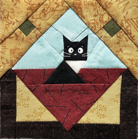 Create this whimsical cat quilt block with this pattern designed by Olesya Lebedenko! Available in four finished block sizes - 3 1/2", 6", 9", and 12" square - this pattern is perfect for any quilt project, from mini-quilts to table runners, hot pads, pillows, cushions, and bags. And with the instant download, you'll receive step-by-step instructions on how to cut and sew, as well as full-size patterns in four sizes for traditional piecing (no paper required!). Plus, the illustrated block assemb Whimsical Quilt Patterns, Cat Quilt Block Pattern Free, Traditional Quilt Block Patterns, Cat Quilt Block Pattern, Block Quilt Patterns, Kitty Quilt, Cat Quilt Block, Cat Quilts, Cat Quilt Patterns